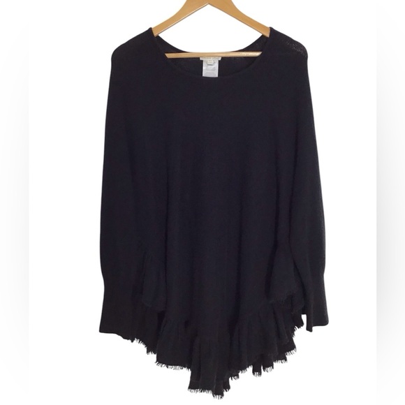 Minnie Rose Black Cashmere Long Sleeve Ruffle Fringe Trim Poncho Style Sweater - Picture 2 of 6